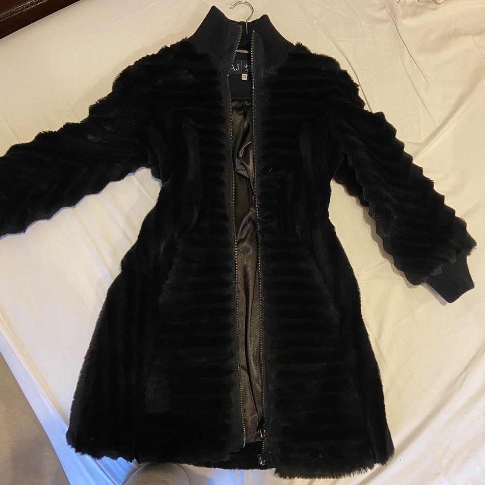 Armani Jeans Faux Fur Coat, Size 38, black